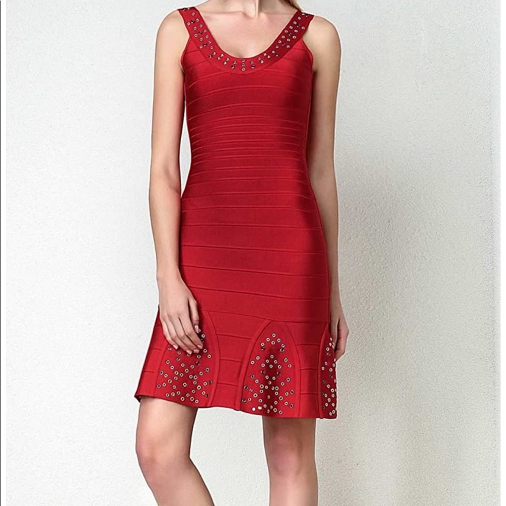 Herve Leger Red Flared Eyelet Embellished Dress